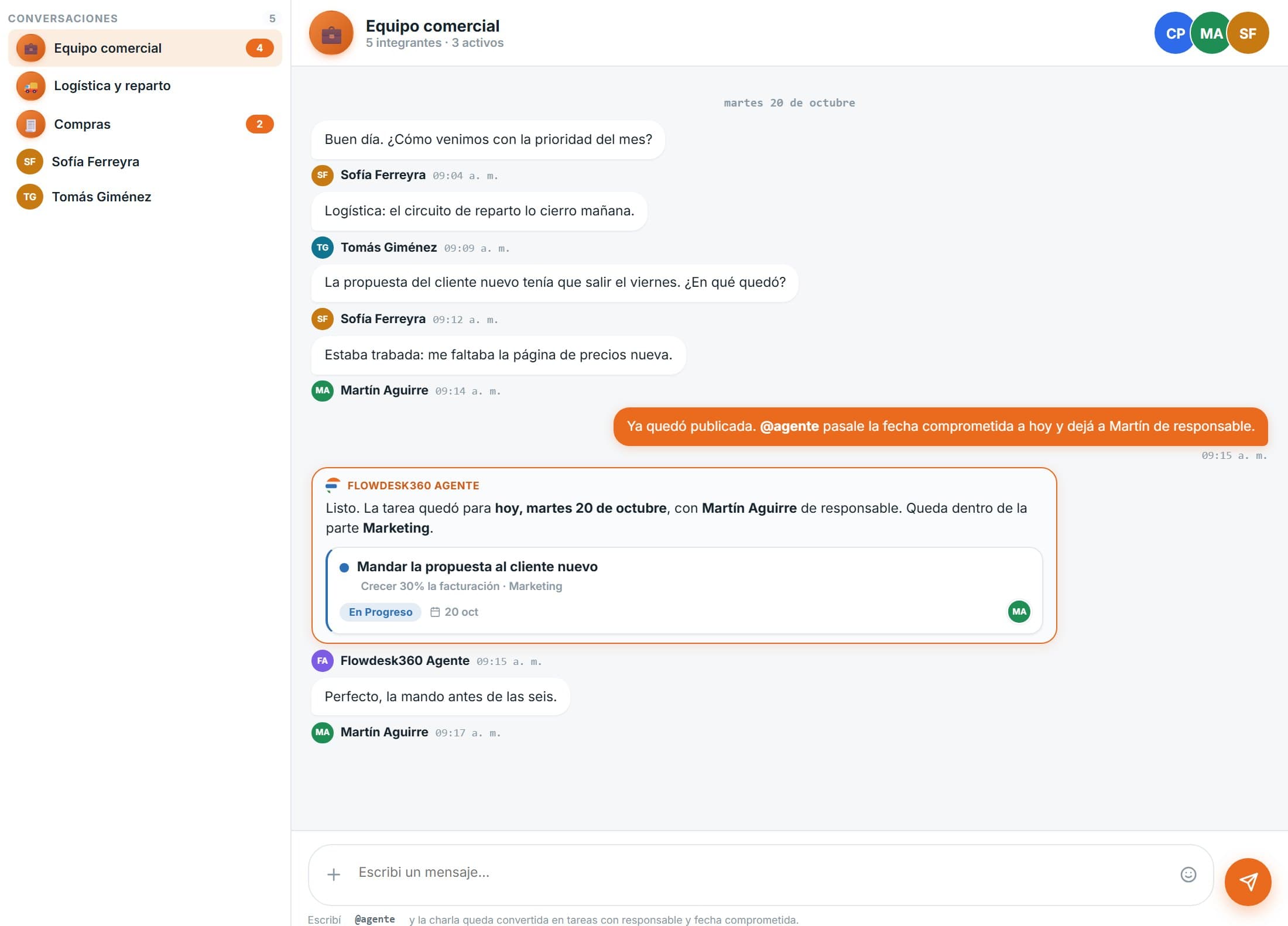 FlowChat: el agente convierte un mensaje del equipo en una tarea con responsable y fecha