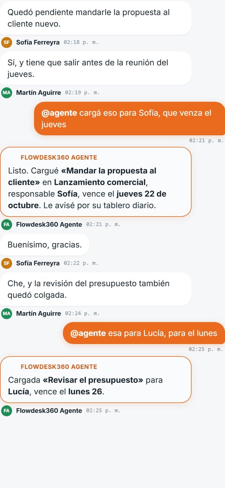 FlowChat en el celular: el agente confirma la tarea cargada desde el chat del equipo